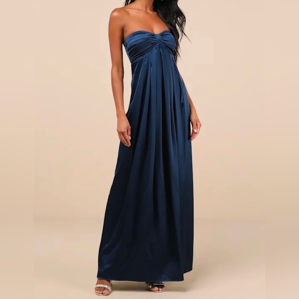 Lulus Memorable Entrance Dark Blue Strapless Satin Maxi Dress, Size XL